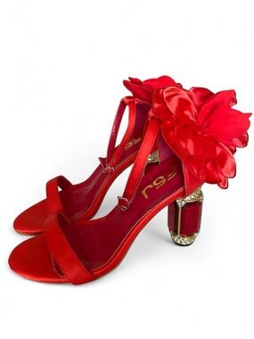 FSJ Shoes Red Satin Ankle Strap Flower Rhinestone Heels